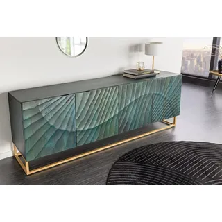 riess-ambiente Sideboard SCORPION 180cm türkis / gold · Anrichte aus Mango-Massivholz, Metall-Gestell · Kommode mit 4 Fächern · 3D Schnitzereien · Wohnzimmer grün