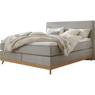 Boxspringbett HASENA "Scandia" Komplettbetten Gr. Flachgewebe Massivholz Matratze H3, mit Topper Agrea, Liegekomfort medium, Liegefläche B/L: 140 cm x 200 cm, H3, Tonnentaschen-Federkernmatratze, grau (grau, eiche bianco) Boxspringbett Boxspringbetten ohne Bettkasten Boxspringbett, gepolstertes Kopfteil, Scandi Look, Füsse Eiche bianco