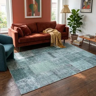 FRAAI | Home & Living Teppich Patchwork - Estate Blau Grün - 160x230 cm | Polyester - Flachgewebe - Patchwork - Klassik, Modern, Orientalisch - Wohnzimmer, Esszimmer, Schlafzimmer