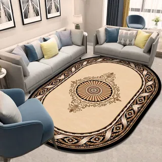 SRTJURFG Modernes Design Teppich Indoor & Outdoor, Oval Anti-Rutsch Teppiche Einfaches Palast-Blumen-Muster Beige Brown Kinderteppiche Flauschige Groß Schutzmatten 90 X 160 cm