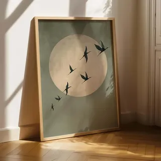 1 Stück 30 x 40 cm abstrakte Sonne und fliegende Vögel Leinwand Wandkunst Grün Japandi Kunst Salbei Schlafzimmer Bilder Poster und Drucke Wandbild für Wohnzimmer (ohne Rahmen)