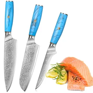 Damast Küchenmesser Set - 3-teiliges Messerset - Kochmesser und Santoku - 19,3 cm Klinge - 31 cm Gesamtlänge - Edelstahlgriff - Für Profis