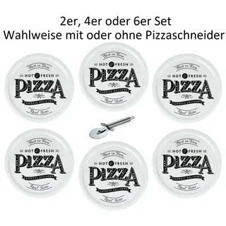 Cosy & Trendy Pizzateller Ø 31cm aus Porzellan mit Retro Pizza Schriftzug, wahlweise inkl. Pizzaschneider