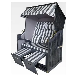Strandkorb |es Tannenholz | Rattan grau | Innenbespannt, farbig geölt | Max. Tragfähigkeit 250kg | Flaches FlexMesh | Stoff Weiß/blau gestreift ...