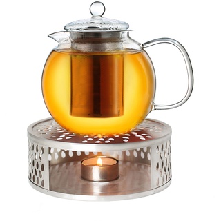 Creano Teekanne aus Glas 0,85l + EIN Stövchen aus Edelstahl, 3-teilige Glasteekanne mit integriertem Edelstahl Sieb und Glasdeckel, ideal zur Zubereitung von losen Tees, tropffrei