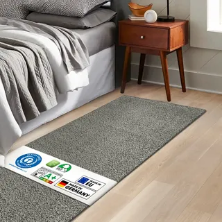 KARAT Bettvorleger Barcelona - Shaggy Bettumrandung - Teppich Läufer für Schlafzimmer Wohnzimmer - Flauschiger Teppichläufer (80 x 200 cm, Grau)