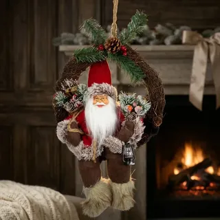 Weihnachtsmann 30cm im Kranz LED Deko Figur Türkranz Weihnachten echte Zweige