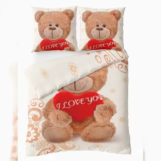 Leonado Vicenti Thermofleece Bettwäsche 135x200 cm 80x80 cm Beige Braun Rot Set Teddybär Design Winter mit Reißverschluss