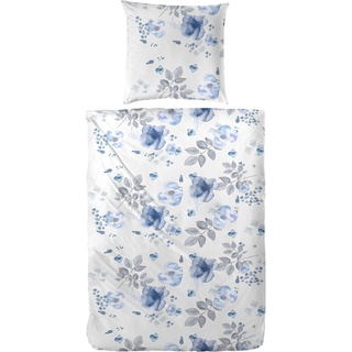 Bettwäsche PRIMERA "Biber "Flowerful"" Gr. B/L: 135 cm x 200 cm (1 St.), B/L: 80 cm x 80 cm (1 St.), Biber, blau (blau, hellblau, grau) Bettwäsche 135x200 cm Mit romantischen Blumen