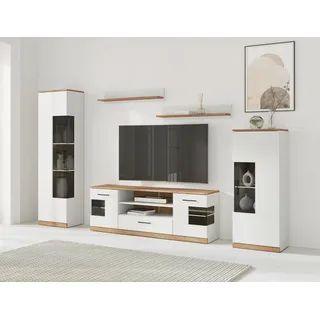 OTTO home Wohnwand OTTO HOME "Ribe Wohnwand Set-5 St.", weiß, eiche, B:260cm H:180cm T:35cm, Holzwerkstoff, Massivholz, Kastenmöbel-Sets, Wohnwand, Glaseinsatz aus gehärtetem Glas,Böden teilweise versetzbar