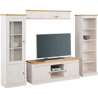 OTTO home Wohnwand OTTO HOME "Indra", gelb (weiß, honig), B:212cm H:145cm T:32cm, Massivholz, Kastenmöbel-Sets, Wohnwand, 4-teiliges Set: Vitrine, Lowboard, Wand- & Standregal, Kiefer massiv