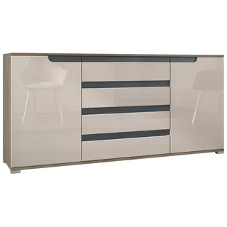 Vladon Sideboard Sylt V2 (Kommode mit 2 Türen und 4 Schubladen, Korpus - Eiche Evoke / Front - Sandgrau Hochglanz), Absetzung - Anthrazit matt (166,5 x 75,5 x 35 cm) grau