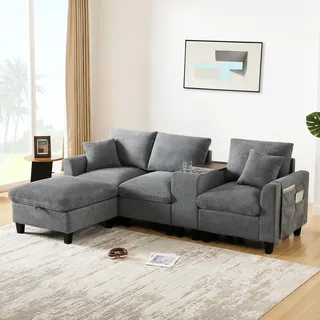 Merax L-Form Ecksofa mit Bettkasten, Konsole, USB-Anschlüssen, Stauraumhocker, Kissen, 3-Sitzer Sofa, Couchgarnitur, Couch, Cord Stoff, Grau - Grau