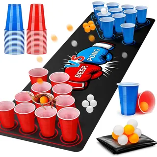 DESPOINA Beer Pong Tisch Matte Set 180x60cm, Bierpong Becher Set Trinkspiel, Wiederverwendbar mit 40 Bechern, 8 Bällen & 1 Tischmatte, Ideal für Hochzeiten, Geburtstage & Camping