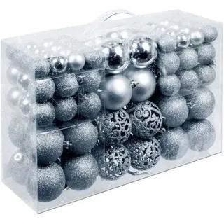 Weihnachtsgeschenke Set mit 100 Weihnachtskugeln – Dekoration – unzerbrechlich – für drinnen und draußen – Kunststoff – Ø3/4/6 cm – matt, glänzend, glitzernd und offen – Silber