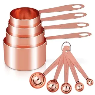 Cuteefun Messbecher und Messlöffel, 8 Stück, Edelstahlgriff, Roségold | Metrischen Und US Maßen, Goldene Polierte Oberfläche, Cup Messbecher für Trockene und FlüSsige Zutaten, Zum Backen und Kochen