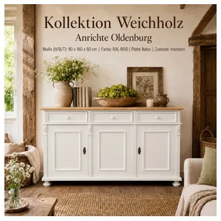 Wohnpalast Sideboard Landhaus Anrichte Oldenburg Weichholz 160 cm Sideboard Kommode weiß