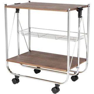 Servierwagen WENKO "Modell Dinett Deluxe", braun (nussbaumfarben, silberfarben), B:68cm H:70cm T:41cm, MDF, Rollwagen, Servierwagen, Küchenwagen mit 2 Ablagen und Korb, 4 Rollen, zusammenklappbar