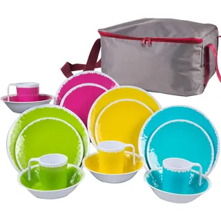 Melamin Camping Geschirr Set Bunt 17 Teile mit Aufbewahrungstasche - 4 Personen Essgeschirr Campinggeschirr Picknick für Camping Teller Schüssel Schale Tafelgeschirr mit Reißverschluß Tasche