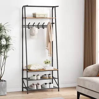 GarveeHome Garderobenständer, 4-in-1 Kleiderständer mit Schuhablagen und 5 Abnehmbare Haken, 64x29x180cm Freistehend Kleiderständer für Flur, Wohnzimmer, Eingänge