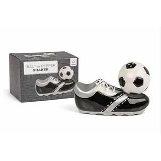 TopShop24you Salz- und Pfefferstreuer Fußball & Schuh mit Magnet (11,5 cm) – Lustige Keramik Gewürzstreuer aus Dolomit im 2er Set, Tischdeko für Fans & Fußballgeschenk im Geschenkkarton