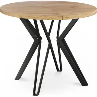 WFL GROUP Runder Tisch für das Esszimmer - 100 oder 120 cm Durchmesser - Ausziehbarer Tisch mit Pulverbeschichteten Schwarzen Metallbeinen - Industriestil - 100 cm - Eiche Craft - Hellbraun