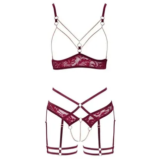 Abierta Fina Set: Bügelloser BH Dessous-Set: BH und Slip mit Ketten aus Spitze - rot (2-tlg) dunkelrote Spitze und roségoldfarbenen Accessoires rot S