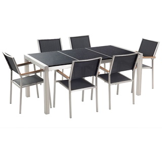 Gartenmöbel Set Schwarz Granit Edelstahl Tisch 180 cm Poliert 6 Stühle Terrasse Outdoor Modern