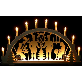 Großer Schwibbogen 70cm x 40cm mit 10 Kerzen und LED Vorbeleuchtung - Bergmann/Schnitzer/Klöppelfrau - traditionelles Motiv - Handarbeit aus dem Erzgebirge - Schwibbogen für Weihnachten
