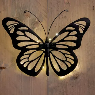 Solar Wandbild Schmetterling schwarz mit 31 LED - 34 x 25 cm - Metall Wanddeko für Außen warm weiß beleuchtet - Garten Deko Wand Beleuchtung Wandleuchte Gartenleuchte Dekoleuchte Stimmungslicht