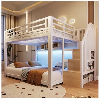 Odikalo Etagenbett 90x200 140x200 Kinderbett Jugendbett mit LED Stauraumtreppe (Mit LED-Lichtleisten, Drei Staufächer,Treppenkonstruktionen mit Stauraum, Geländer, Stufe, en747 zertifiziert, ohne Matratze, Metall) 145 cm x 251 cm x 145 cm