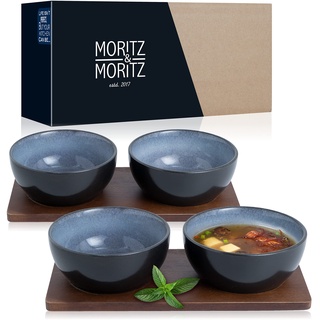 Moritz & Moritz VIDA 4x Miso Schüssel Set 12 cm Ø – Japanisches Geschirr Set aus Keramik und Sandelholz für Miso Suppe, Dip und Snacks – Mit Serviertablett