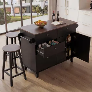 Mendler Kücheninsel HWC-P62 mit 2 Sitzhockern - schwarz, Dunkles Holz | Küchenschrank, Schublade, Staufächer, MDF, 90x131x47cm