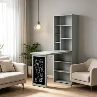 Klappbarer Wandsekretär Mit Regal Und Tafel Aus Mdf Und Holz, Dunkelgrau/schwarz Havrya