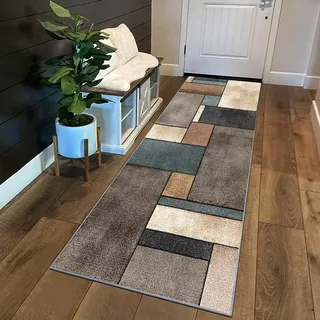 Siunwdiy Teppich Läufer Flur Küche rutschfest Waschbar Braun 120x280cm Patchwork Modern Korridor-Teppichläufer Geometrisch Muster Küchenläufer Lang Flurteppich Küchenteppich Meterware Anpassbar