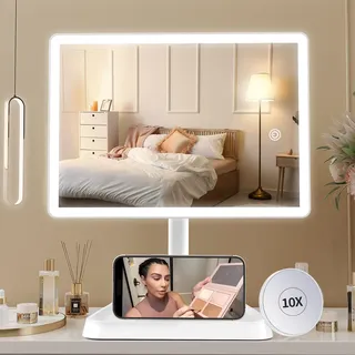 FASCINATE Groß Kosmetikspiegel mit 96 Dimmbar LED- Leuchten, USB Wiederaufladbar Schminkspiegel mit 10-Fache Vergrößerungsspiegel, 360° Drehbar Schminkspiegel mit Beleuchtung