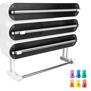 4-in-1 Küchenrollenhalter Küche, Frischhaltefolienspender und Alufolie Folienspender mit Cutter, ohne Bohren & Wand & magnetische Rückwand, Wandrollenhalter Küche mit Verschlussclips (Schwarz)