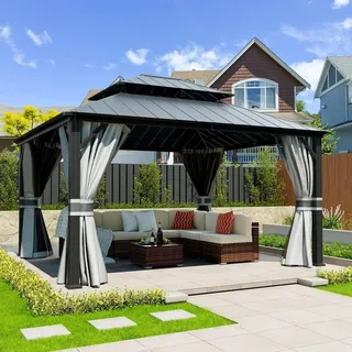 Amopatio 3.65 x 4.25 m Gartenpavillon Wasserdicht Stabil Winterfest Hardtop Pavillon, Verzinkter Stahl Doppeldach Aluminium Pavillon mit Moskitonetz und Vorhänge für Garten, Terrasse, Rasen, Grau