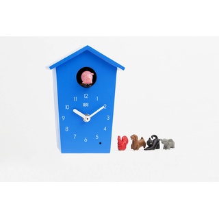 KOOKOO AnimalHouse Blau, Moderne kleine Kuckucksuhr mit 5 Bauernhoftieren, Aufnahmen aus der Natur. Hat EIN freundliches und modernes Design