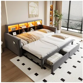 STILVORA Schlafsofa mit bettkasten Polsterbett 90/180×190 Tagesbett ausziehbar Samtstoff, mit LED-Kopfteil, Steckdosen & Schubladen, Ausziehbares Kinderbett 90/180x190 cm, ohne Matratze grau
