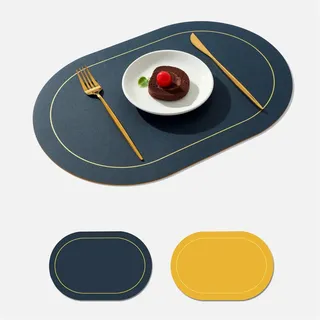 BESTORI Tischsets Abwaschbar 6er Set, Hitzebeständig rutschfest, Doppelseitigen, Oval Platzsets Abwischbar Tischsets Leder Platzset für Hause Küche Restaurant Blau, 30x45cm