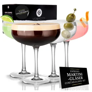 Vemacity Elegante Espresso Martini Gläser 4er Set | Handgefertigte Cocktailgläser Set | Ideal Champagner Schalen und Champagner Gläser | Edle Coupe für Margarita & Cocktails | Martinigläser