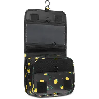 Kulturtasche zum Aufhängen Reise Kulturbeutel für Damen Wasserdichte Waschtasche mit Haken Faltbare Toilettentasche Tragbare Kosmetiktasche für Fitnessstudio Camping Badezimmer (Schwarz Zitronen)