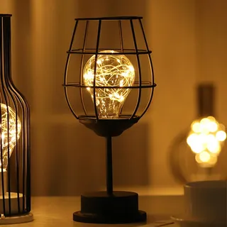 Tuzsocr Vintage Nachtlicht, Black Metal Wire Tischlampe, Käfigstil Nachttischlampe Industriell, Batteriebetrieben,Tischlampen kabellos mit LED für Wohnzimmer, Nachttisch, Esszimmer, Garten (Stil 1)