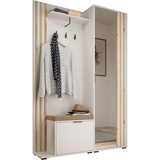 MOEBLO Kompaktgarderobe JOHN (Dielenschrank Wandschrank Regal Diele & Flur Kleiderschrank Schuhschrank, mit Spiegel Flurgarderobe Schrank Kompaktgarderobe), (BxHxT): 135x197x34cm weiß