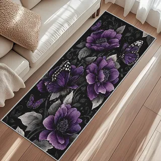 Generisch Lila Blumen Läufer Teppich Flur 50 x 150 cm Waschbar Schmetterling Teppichläufer rutschfest Kurzflor Teppich Läufer für Eingang, küche, Schlafzimmer, Wohnzimmer, Korridor