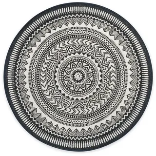 Rikmani Outdoorteppich Teppich rund Wetterfest für Terrasse, Balkon, modernes Design schwarz 160 cm x 160 cm