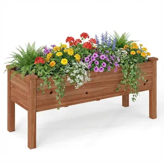 COSTWAY Hochbeet aus Holz, Pflanzbeet für Kinder, 120x43,5x51cm, Pflanztrog belastbar bis 100 kg, Blumenkübel mit Ablauflöchern, Kräuterbeet rechteckig, Anzuchtbeet Garten Terrasse Balkon, Braun