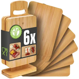DuneDesign Schneidebrett 6er Set Frühstücksbrett aus Bambus - 22x15 Holzbrettchen mit Ständer, Bambus, (6-St), Hygienische Brotzeitbretter - Servierbrett Set für Tapas, Käse, Snacks braun
