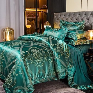 DXHOME Satin Bettwäsche 135 x 200 Dunkelgrün Grün Seide Glatt Glänzend Blumenmuster Bettwäschegarnitur Microfaser Barock Deckenbezug mit Reißverschluss + 1 Kissenbezug 80 x 80 cm